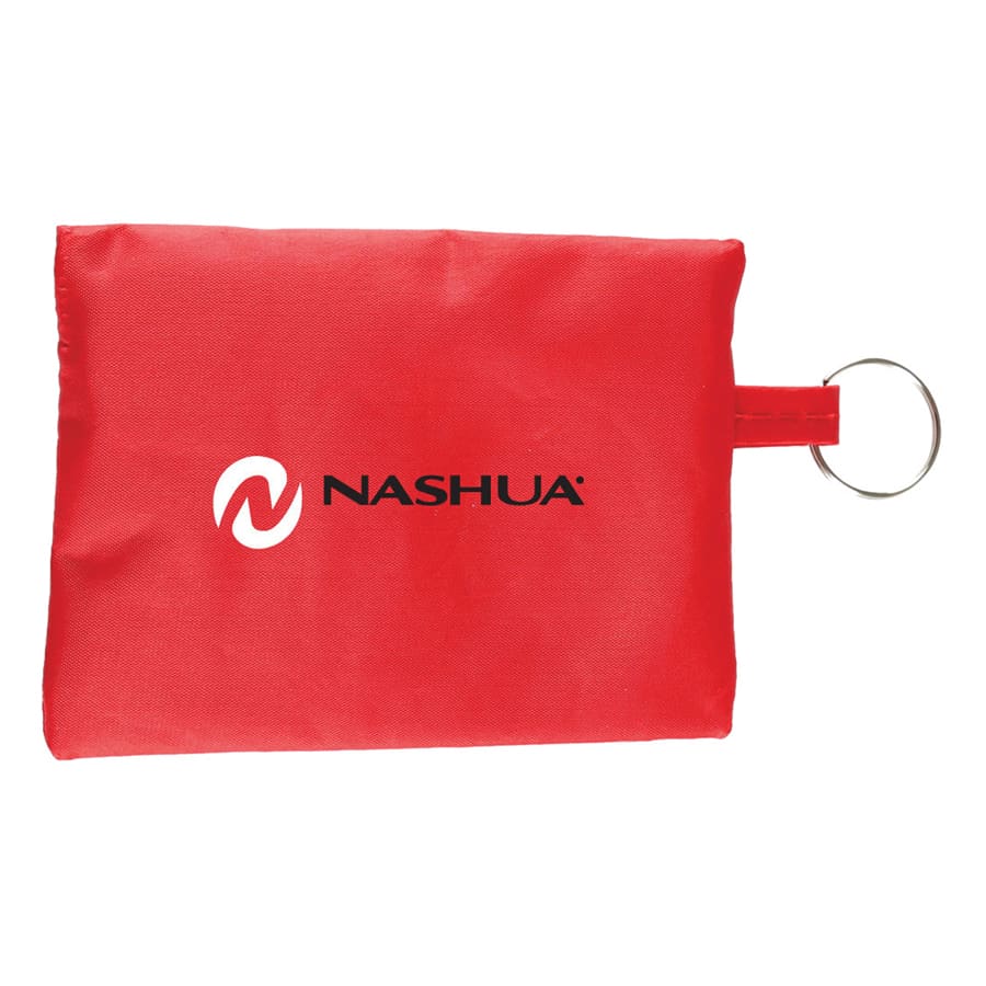 A red travel kit featuring a keyring attachment and a logo, containing 22 first aid items.