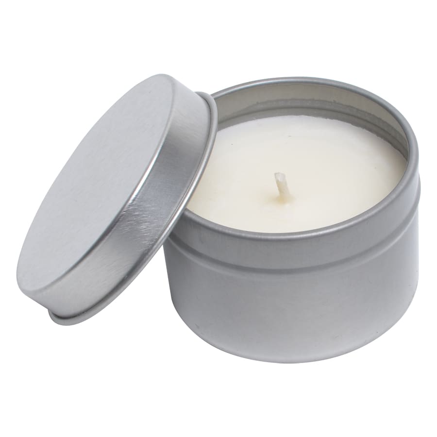 A vanilla scented candle in a silver tin with a removable lid, featuring a plain white wax finish.
