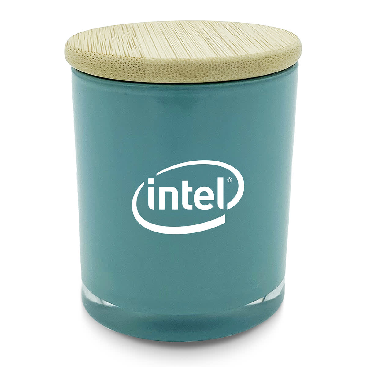 A large teal candle jar with a wooden lid and a logo on the front.