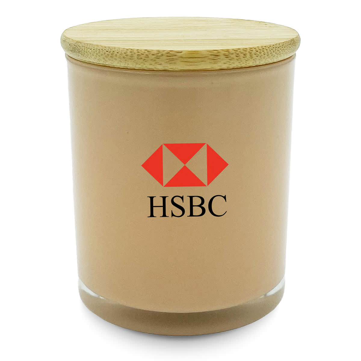 A large, beige candle in a glass container with a wooden lid and a logo on the front.