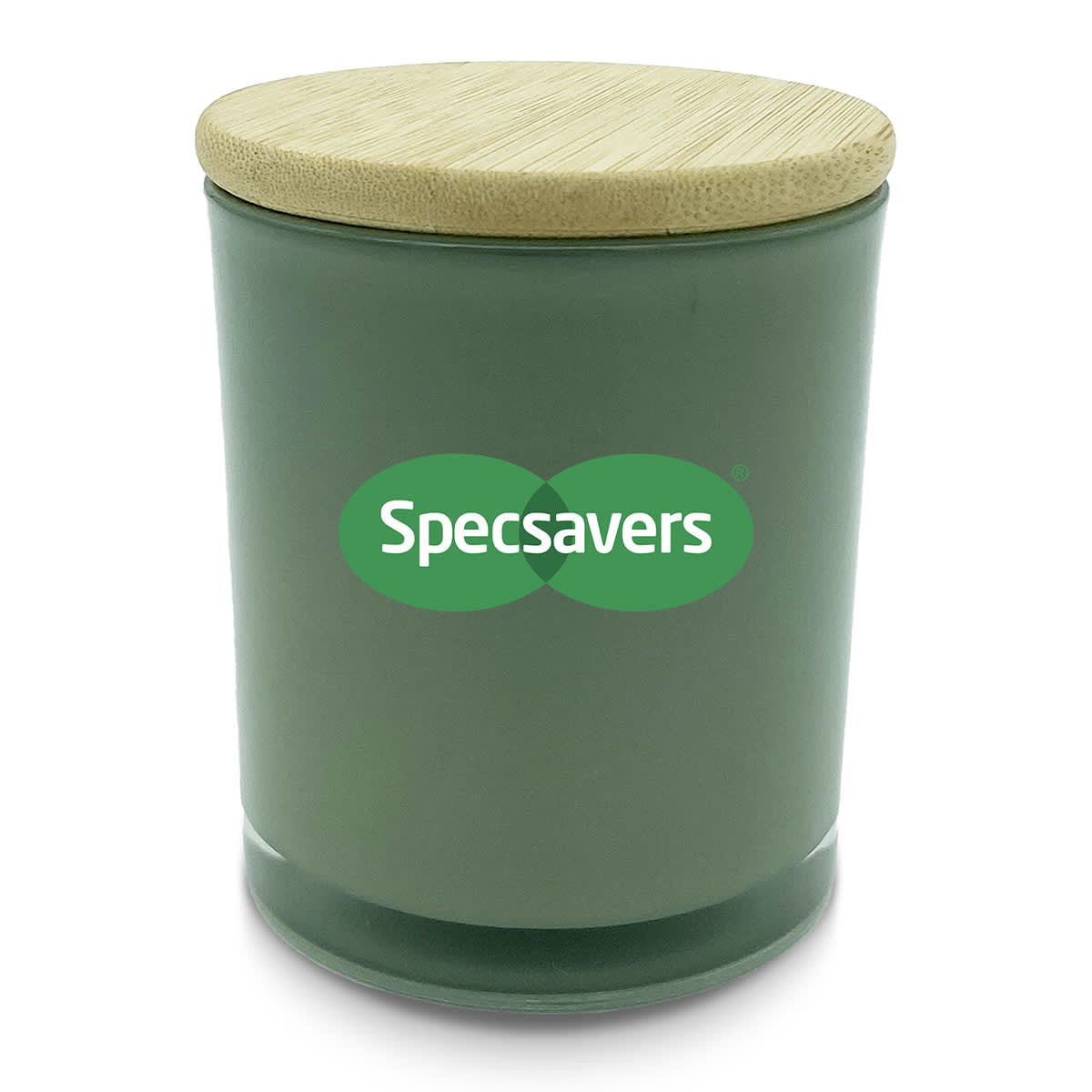 A medium green candle with a bamboo lid and a logo on the front.