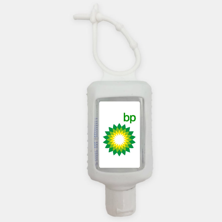 A 60ml hand sanitiser gel in a white silicone soft travel sleeve, featuring a logo on the front.