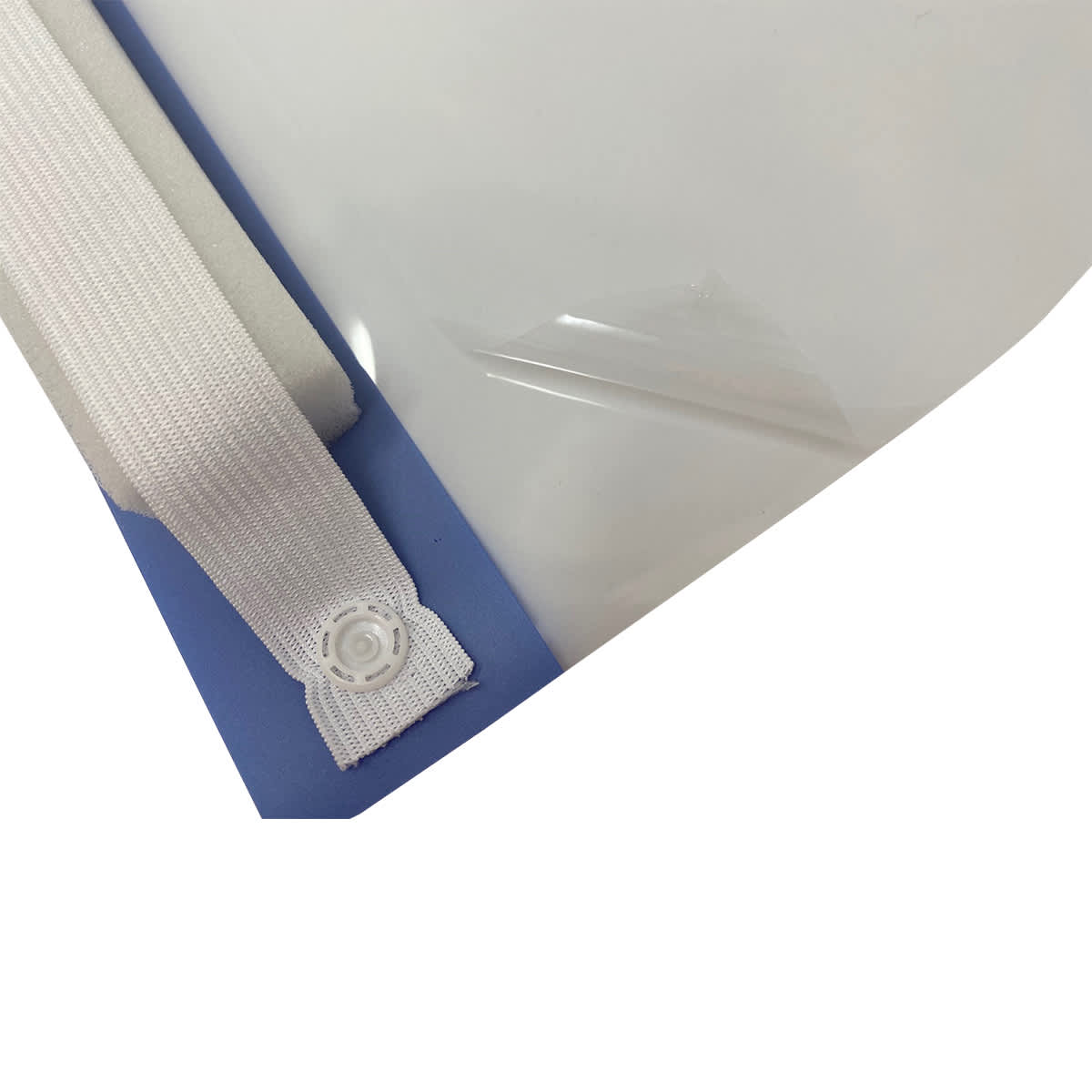 A clear plastic face shield with a blue backing and white adjustable straps. Features a logo on the edge.