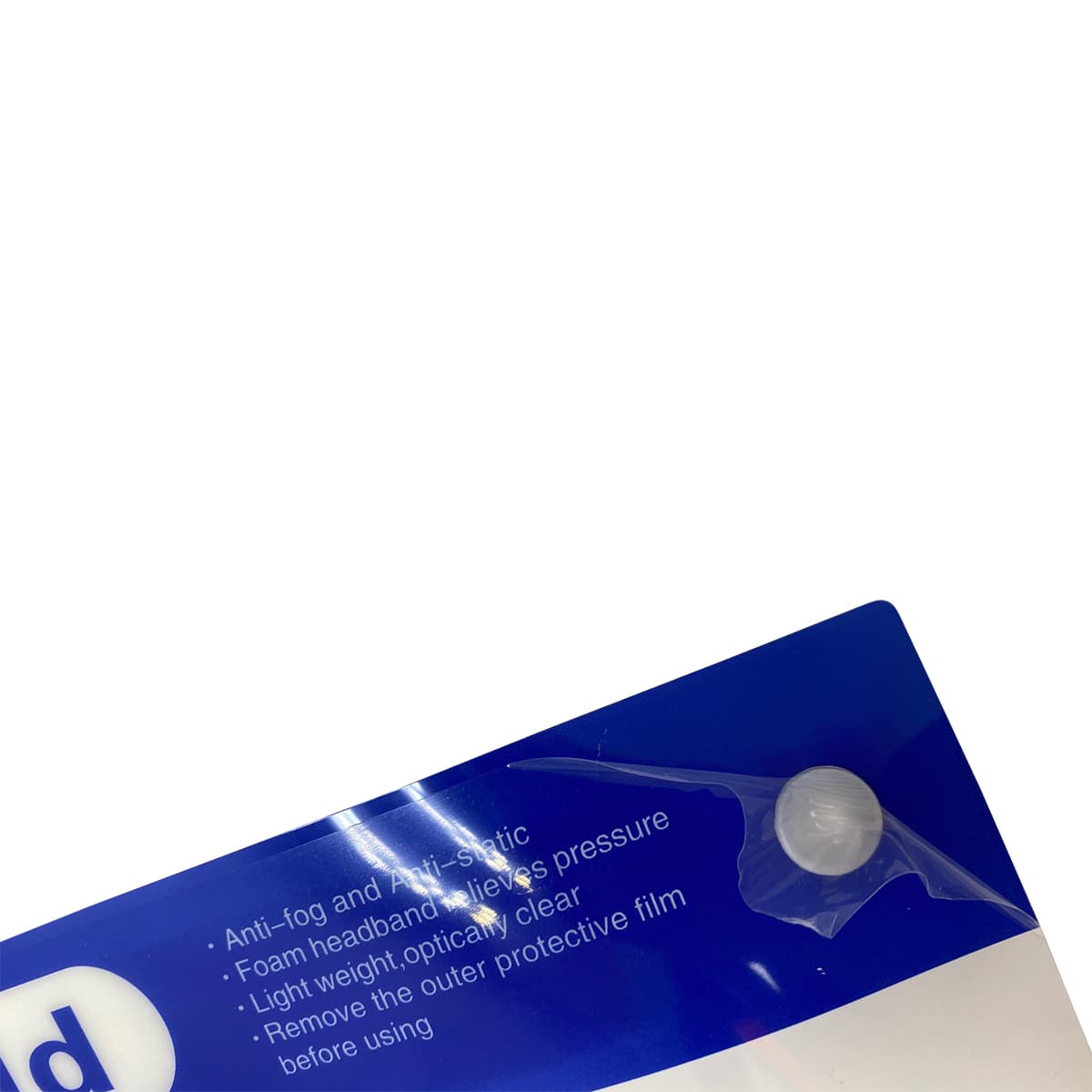 A clear full-length face shield with a blue packaging and a round white button on the top. It features a logo.