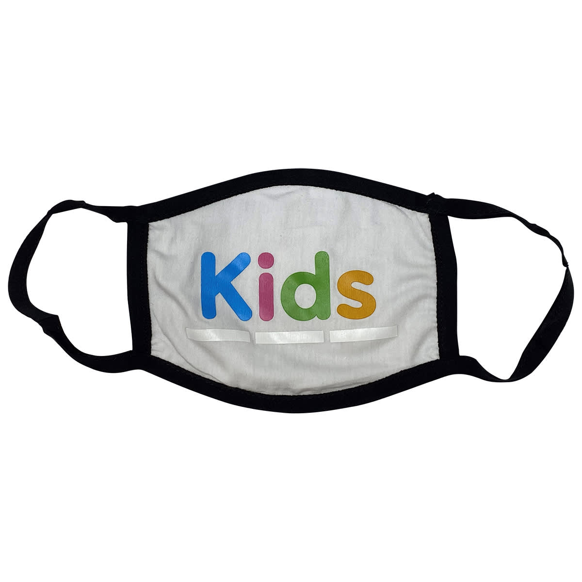 A cotton face mask featuring a colourful design with the word 