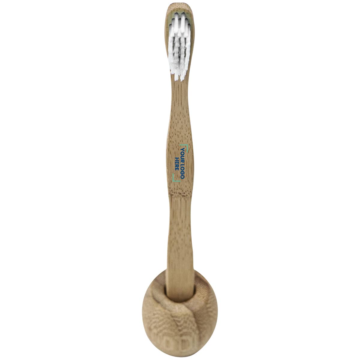 A bamboo toothbrush with a natural wooden handle and white bristles, placed in a circular holder.