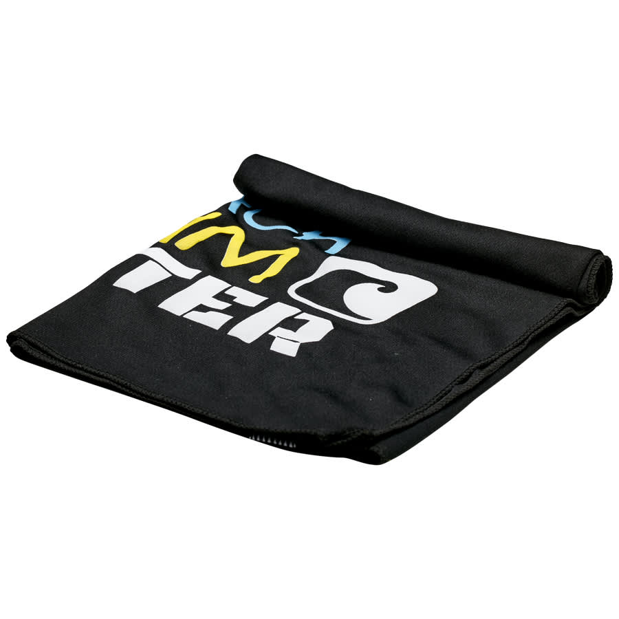 A black cooling towel featuring a folded design with various coloured text and a logo.