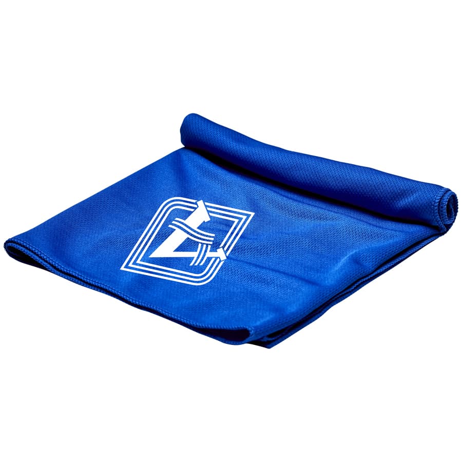 A folded blue cooling towel with a logo, designed for leisure and outdoor activities.