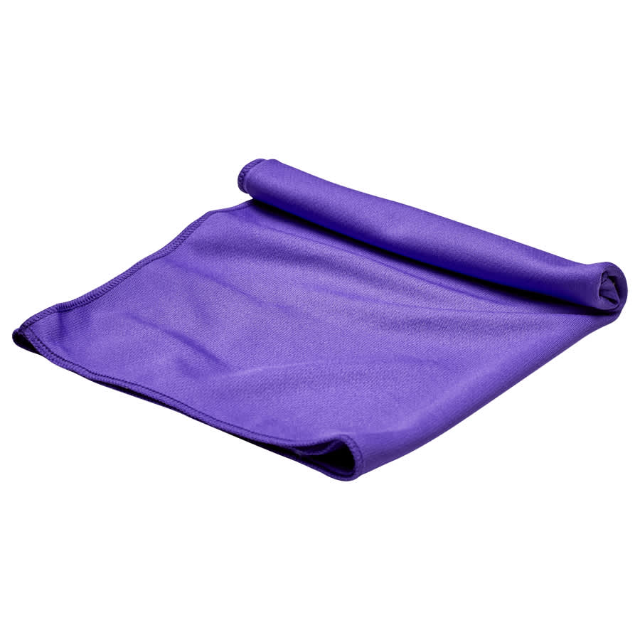 A purple cooling towel folded neatly, featuring a soft texture and a rolled edge. It has a logo on one side.