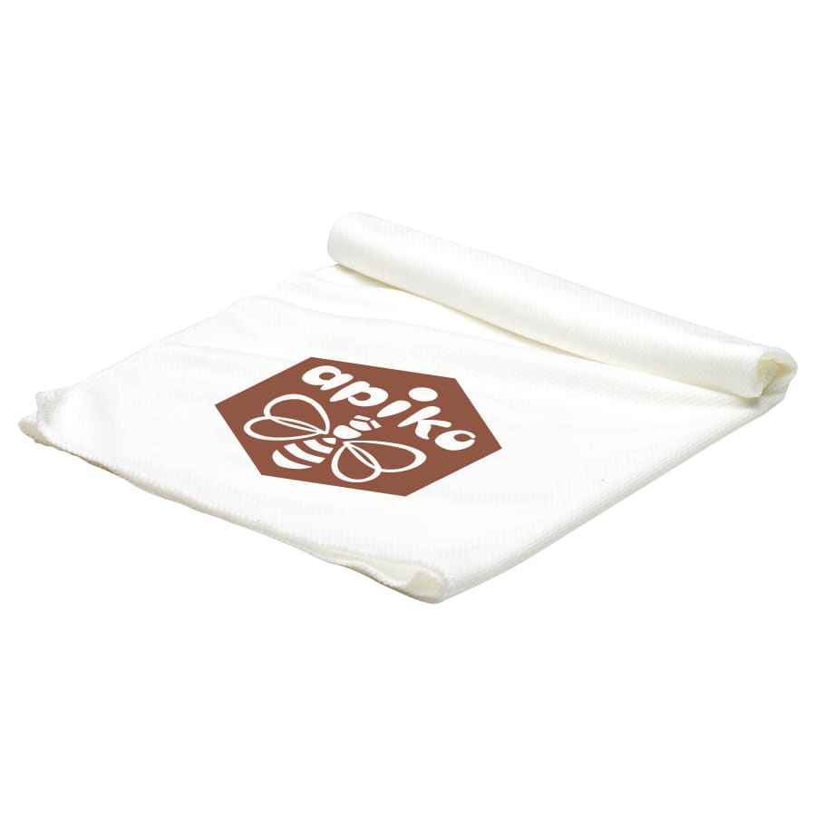 A white cooling towel with a hexagonal logo featuring a bee design. The towel is folded at the top.