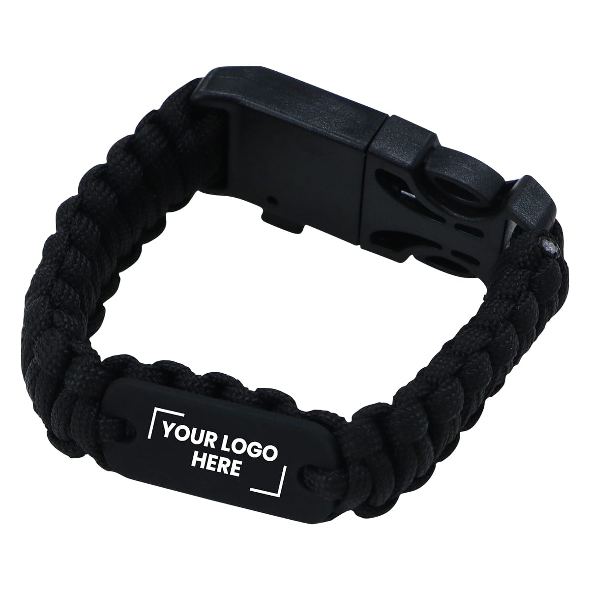 A black survival band with a clasp and a space for branding. Features a woven design for durability.