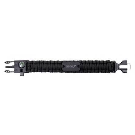 A black survival band with a compass and integrated tools, featuring a woven design and a branding logo.