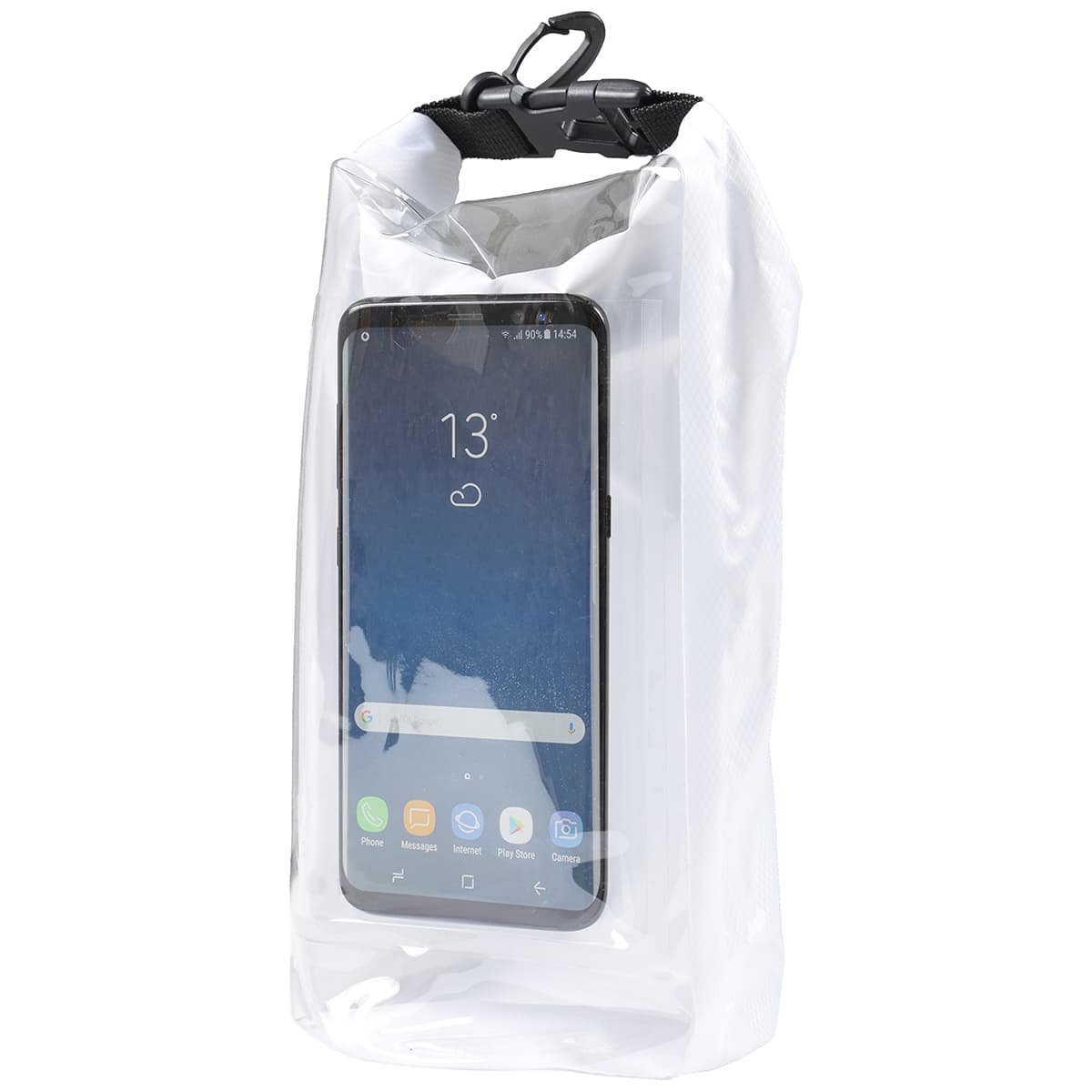 A clear 2.5L dry bag with a black clip, featuring a smartphone visible inside.