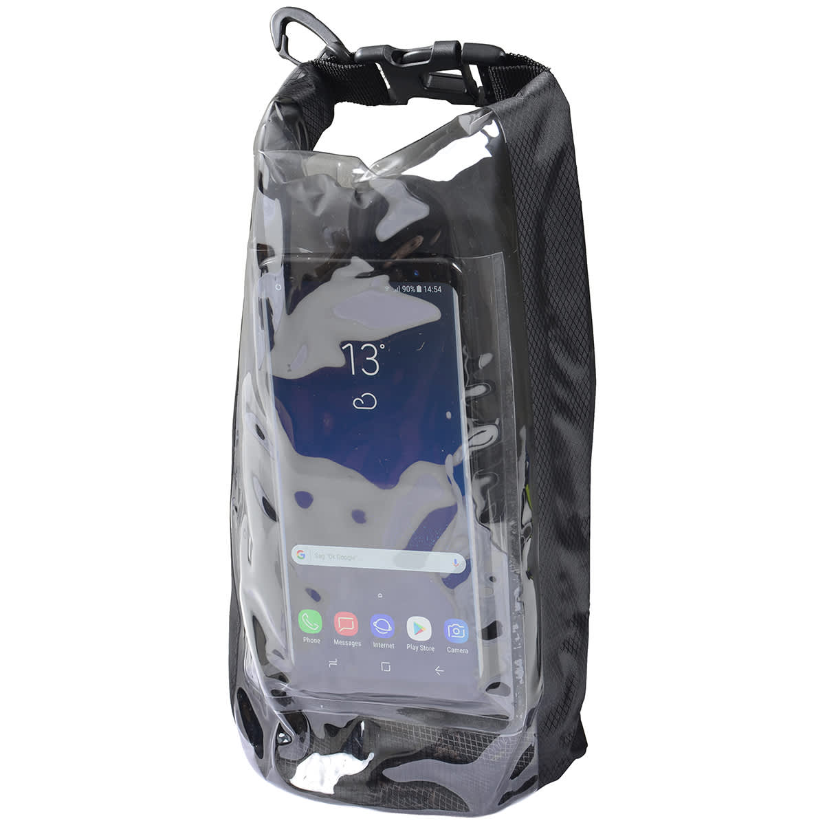 A 2.5L dry bag in transparent black material with a secure closure, featuring a logo and a smartphone inside.