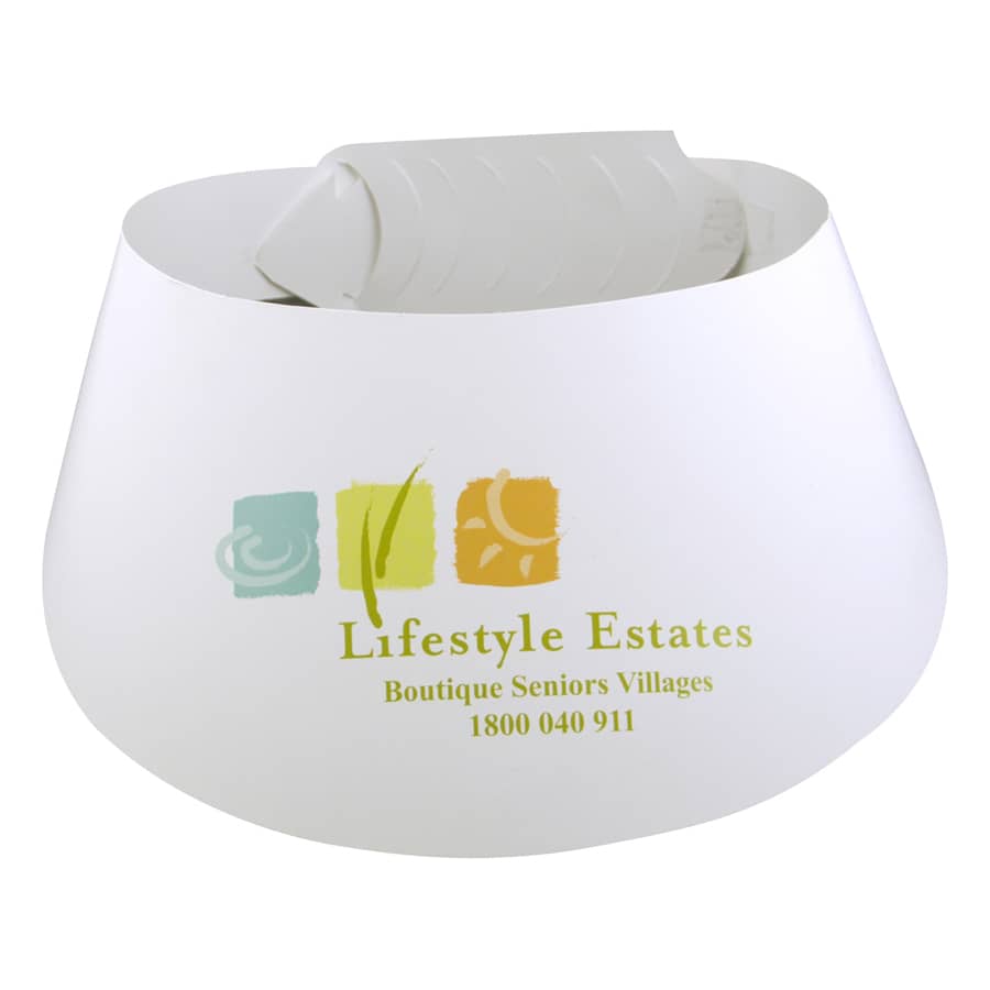 A white sun visor with a rounded shape featuring a logo and multicoloured designs.