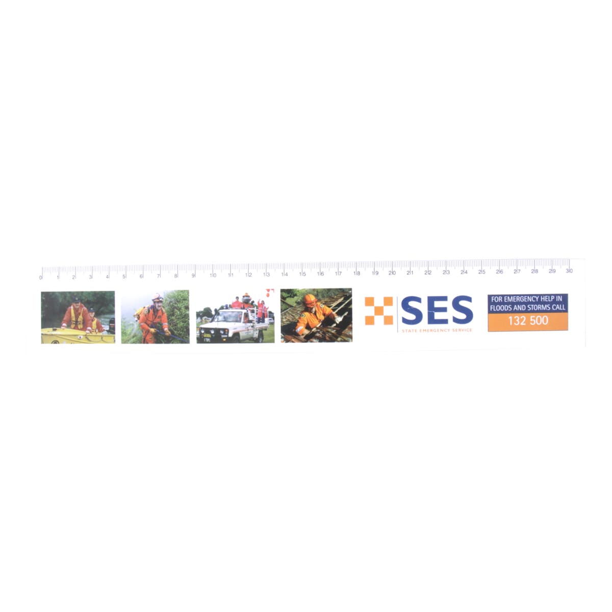 A ruler featuring images of emergency service personnel and a vehicle, predominantly white with vibrant colours and a logo.