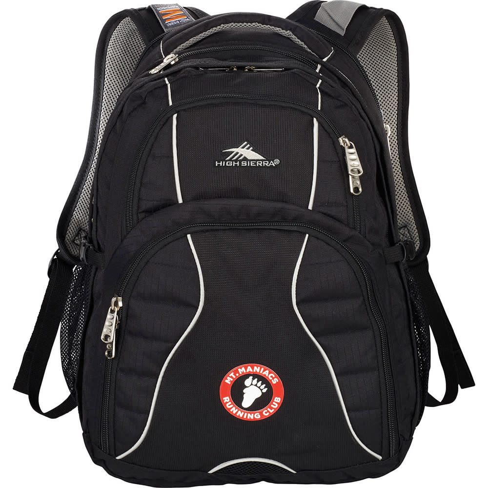 A black backpack with multiple compartments, featuring a drink bottle holder, tablets, notebooks, and a logo.