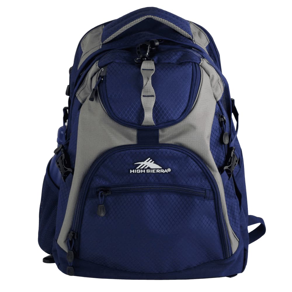 A black and grey backpack with multiple compartments, a drink bottle holder, and various coloured items in the front pocket.