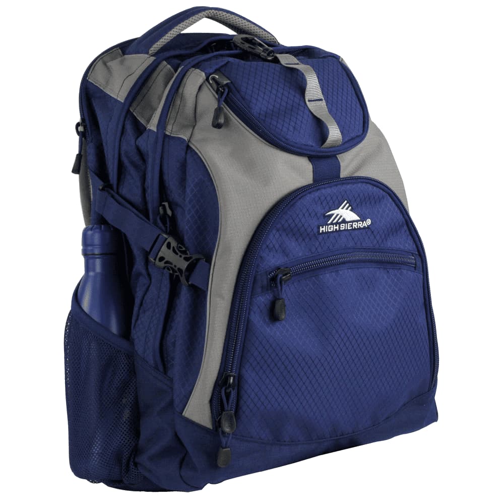 A black and grey High Sierra Access 17 46L computer backpack with multiple pockets and a logo.