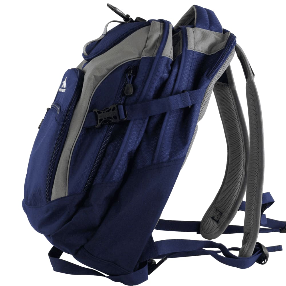 A grey and black computer backpack featuring multiple compartments and a branding logo. It includes mesh side pockets.