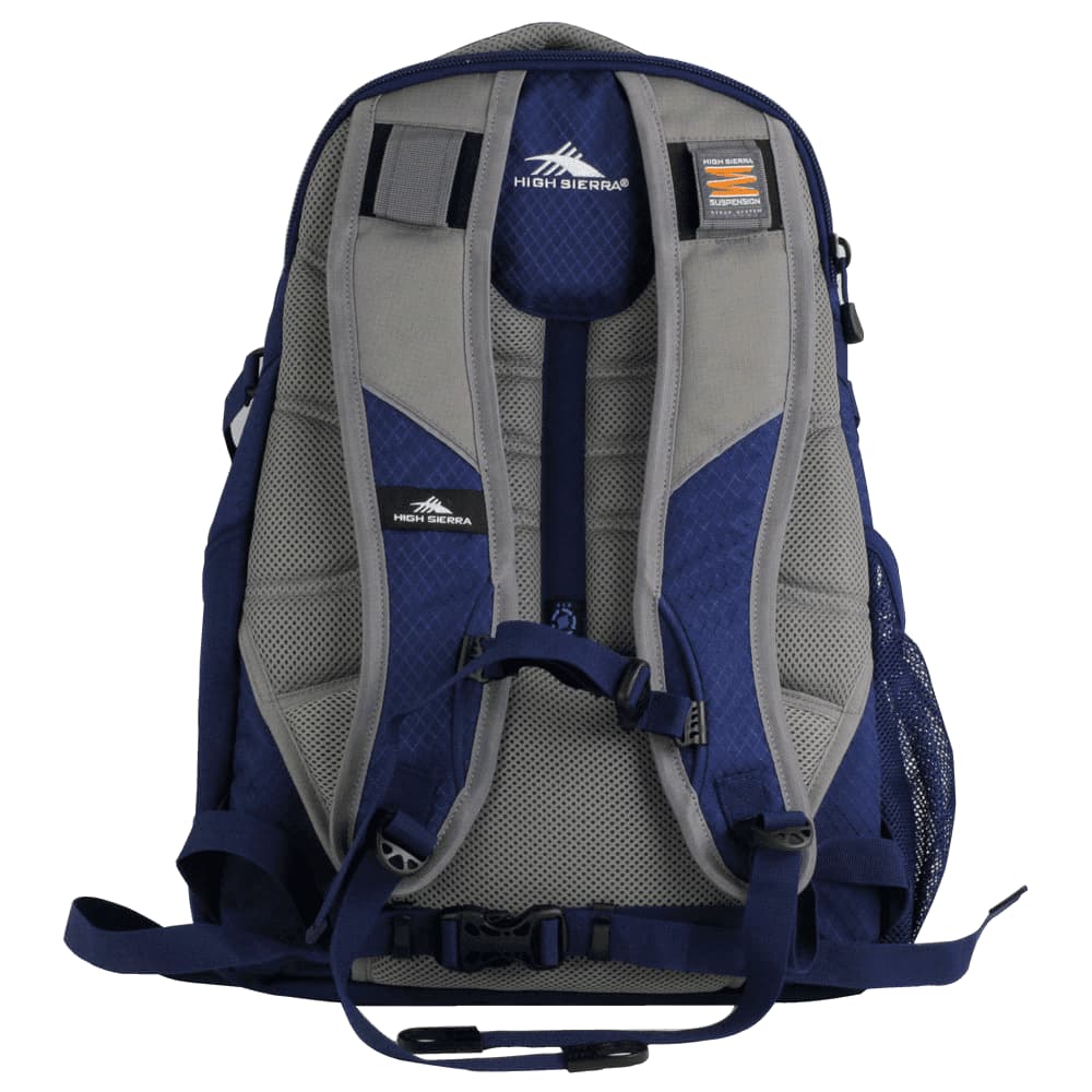 A blue and grey High Sierra Access 17 46L Computer Backpack featuring multiple compartments and a side drink bottle holder.