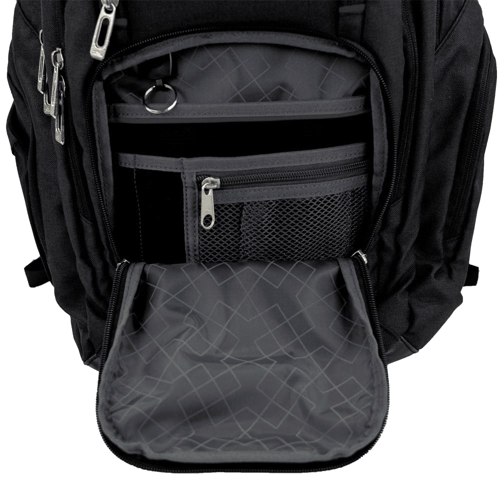 A black laptop backpack featuring padded straps, a mesh back panel, and a logo on the design.