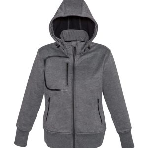 A grey zip-up hoodie jacket with a hood, featuring front pockets and a logo.