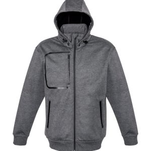 A grey men's jacket with a hood, featuring a zippered chest pocket and side pockets. It has a subtle logo.