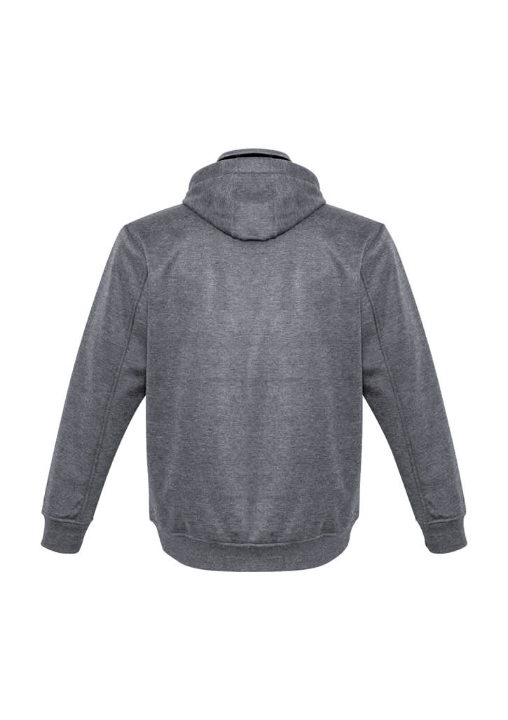 A grey men's jacket with a hood and long sleeves. The jacket features a logo on the back.