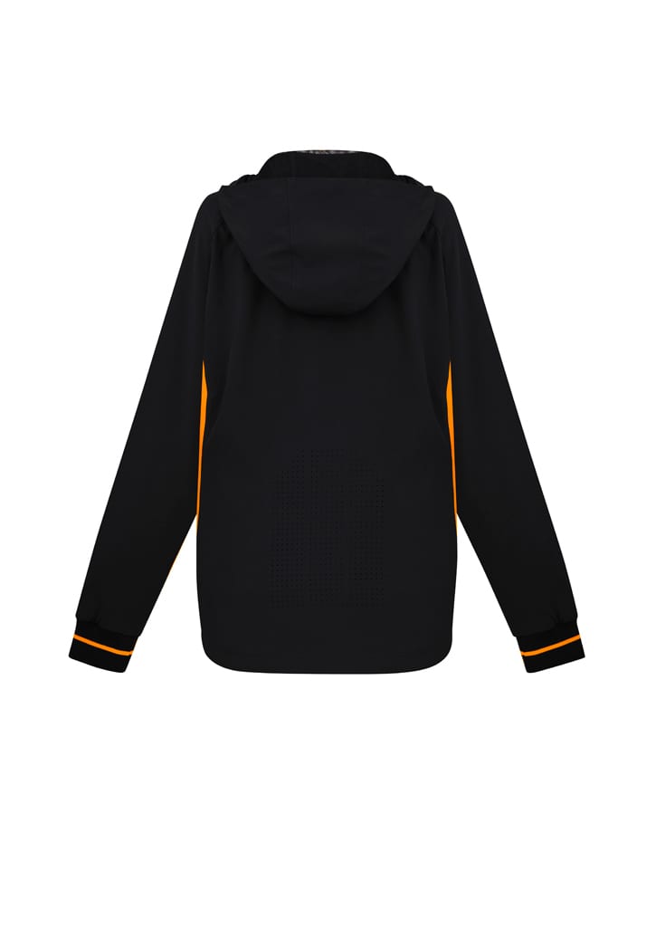 A black jacket with orange accents and a hood, featuring a breathable back design. It has a logo on it.