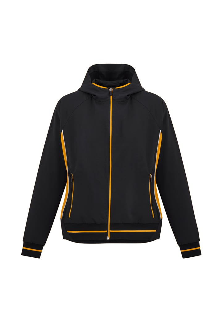 A black and yellow jacket featuring a hood, zip front, and pockets, with contrasting stripes on the sleeves.