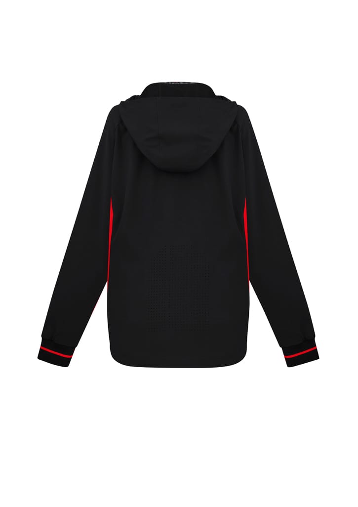 A black ladies jacket featuring red accents and a hood. It has a logo on the back.
