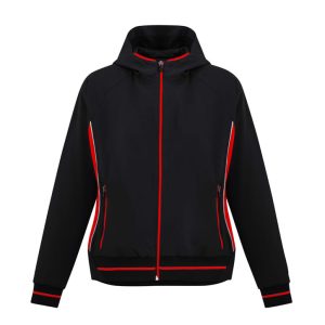 A black jacket with red accents and a hood, featuring zippered pockets and a branded logo.