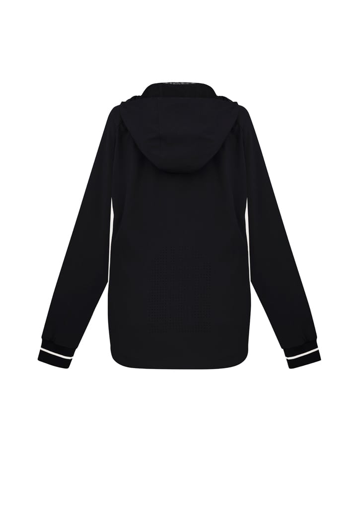 A black jacket featuring a hood and long sleeves, with a logo on the back.