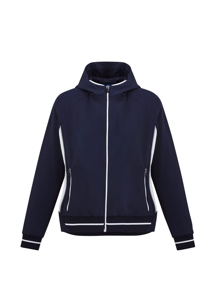 A navy blue Ladies Titan Jacket featuring white accents and a hood, with two front zip pockets and a logo.