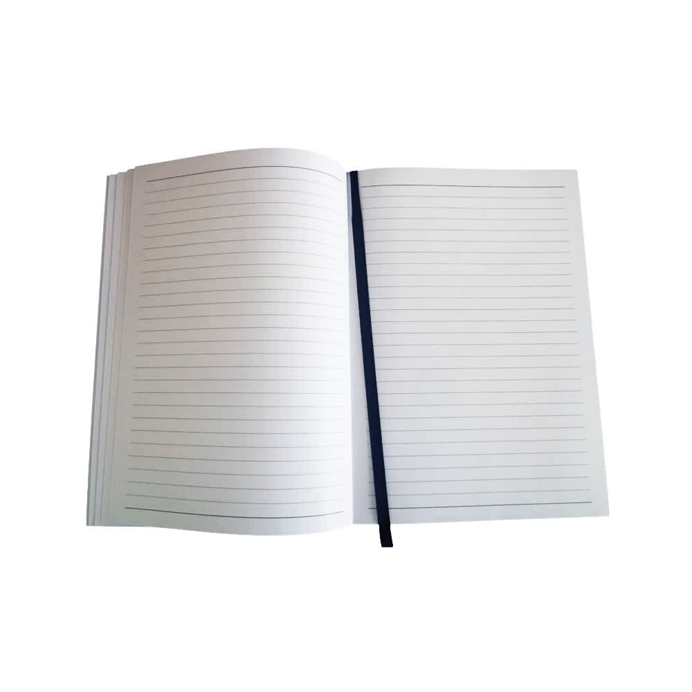 A blank notebook with lined pages, featuring a black elastic band for closure. The cover is absent in this view.