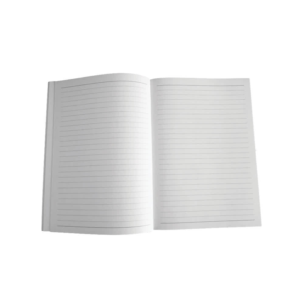 A white notepad with lined pages, opened to display the interior. It features a simple design without any branding.