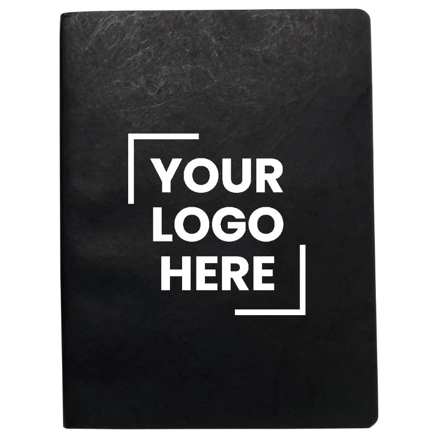 A black notebook with a flat cover featuring a placeholder for a logo. The design includes a sleek, minimalistic style.