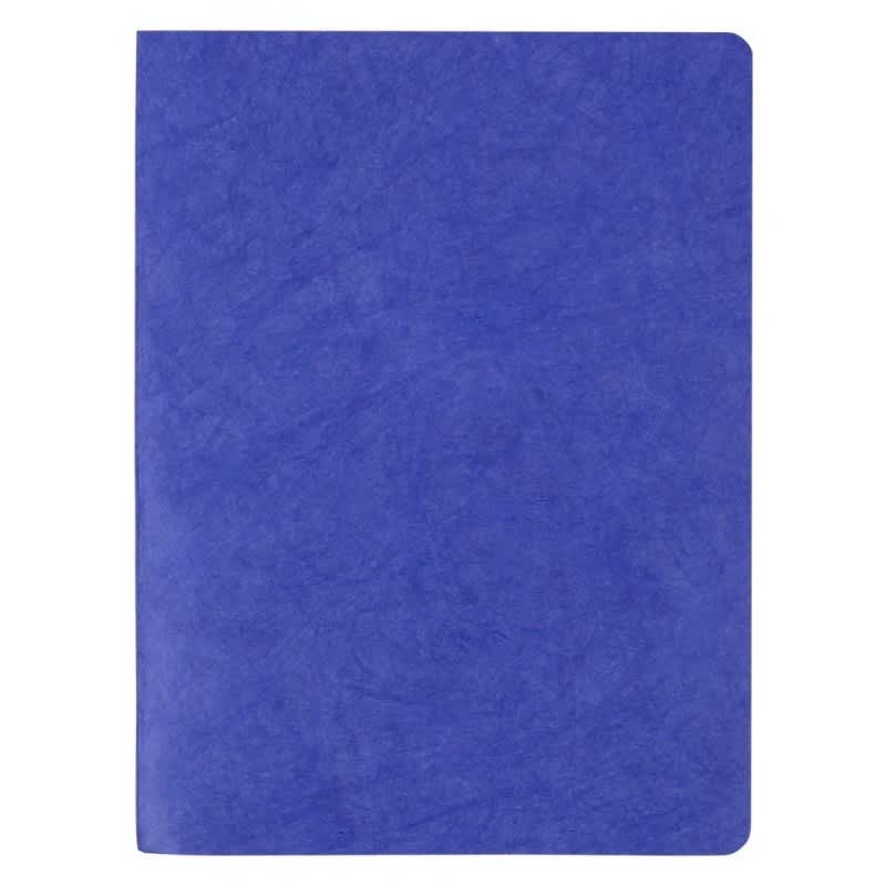 A purple notebook with a textured cover and blank pages, featuring a logo on the front.