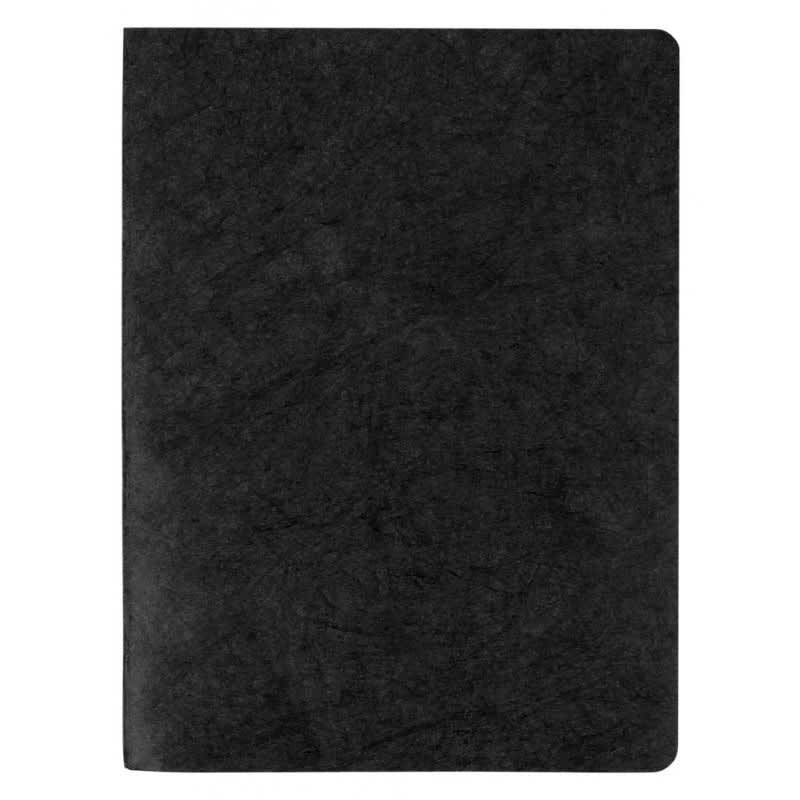 A black notebook with a textured cover and blank pages. It features a logo on the front.