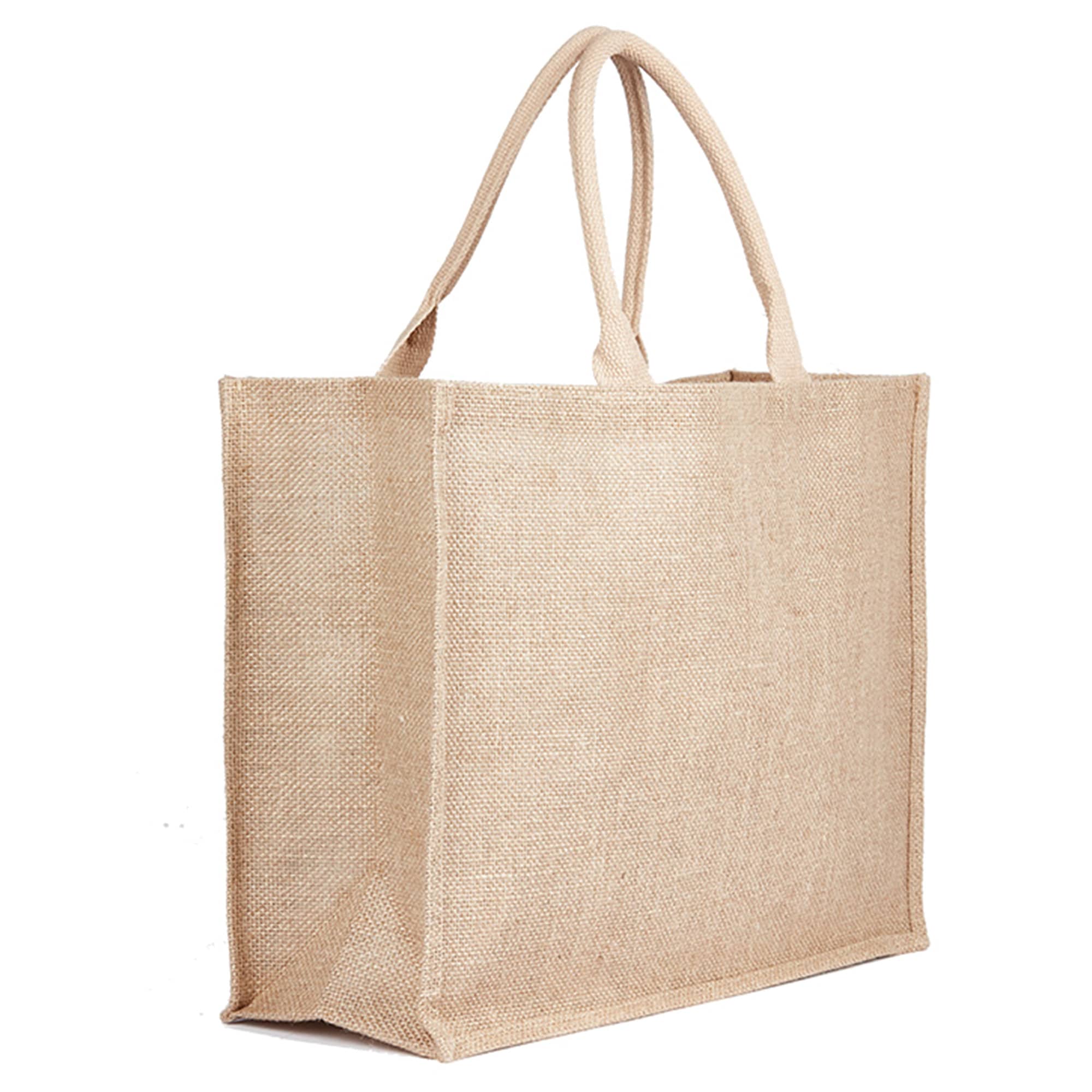 A natural jute bag in beige, featuring two handles and a simple design with a logo.