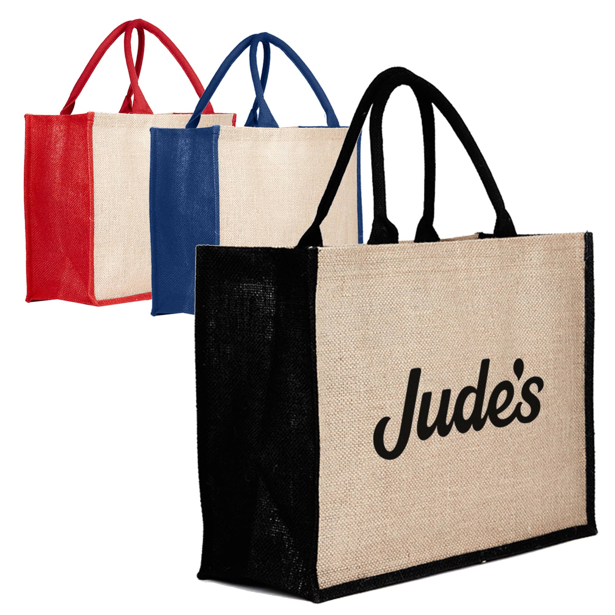 Three jute bags in red, blue, and black with a natural coloured body and a logo on the front.