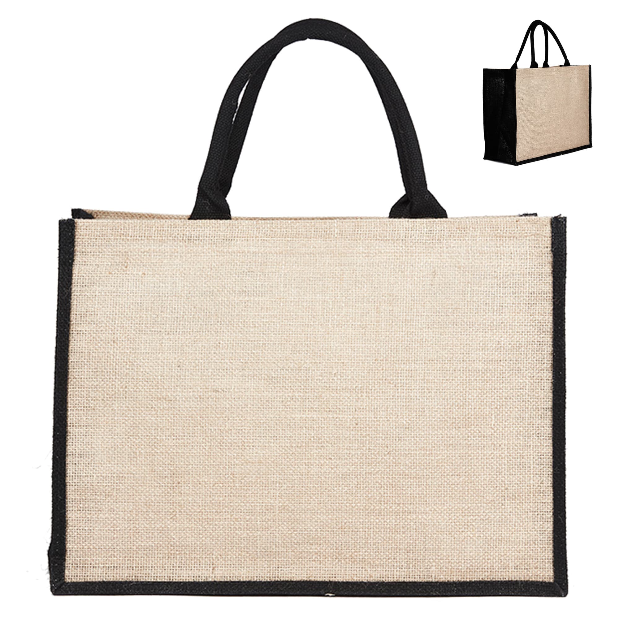 A jute bag in natural beige with black handles, featuring a simple design and a branding logo.