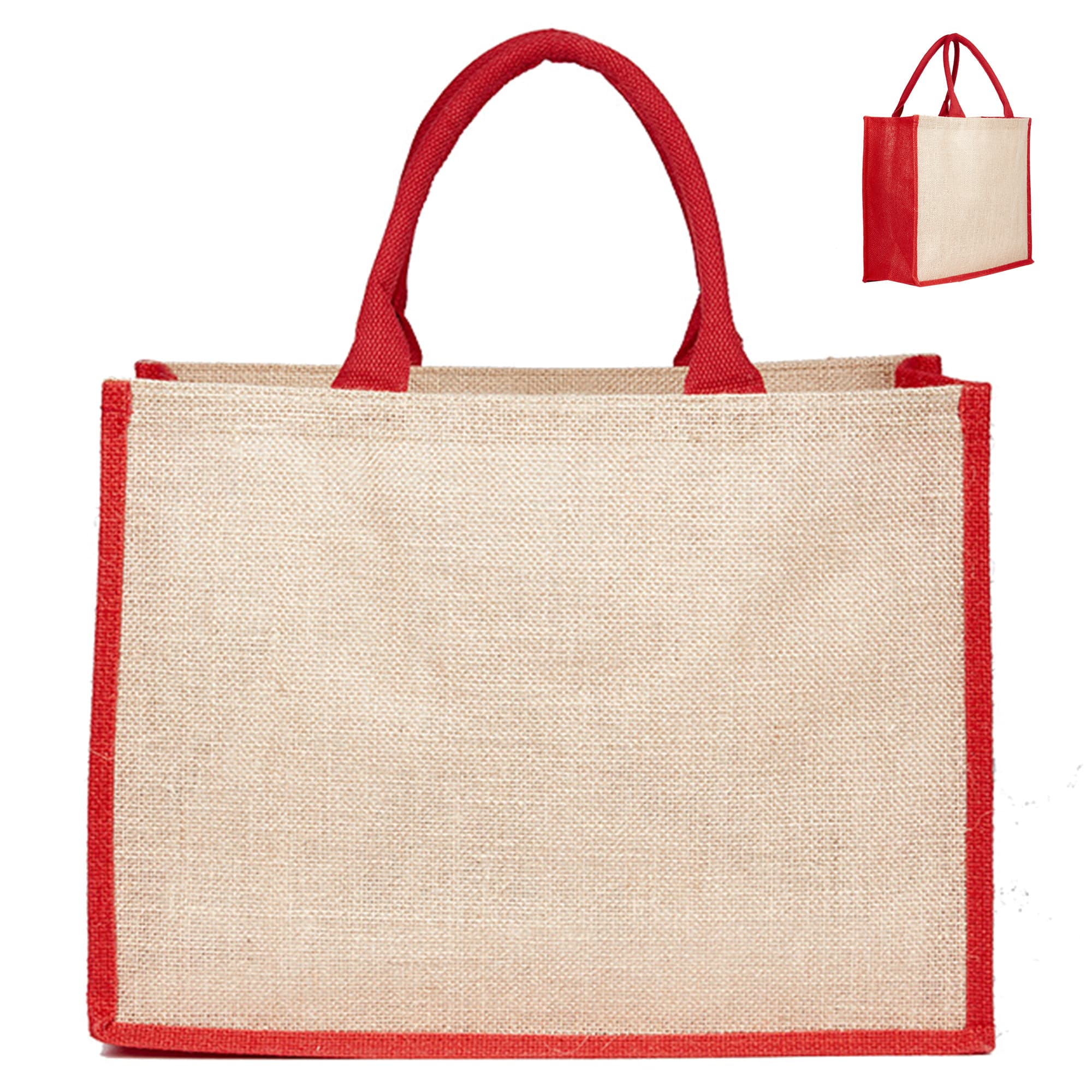 A jute bag with a natural beige body and red handles, featuring a logo on one side.