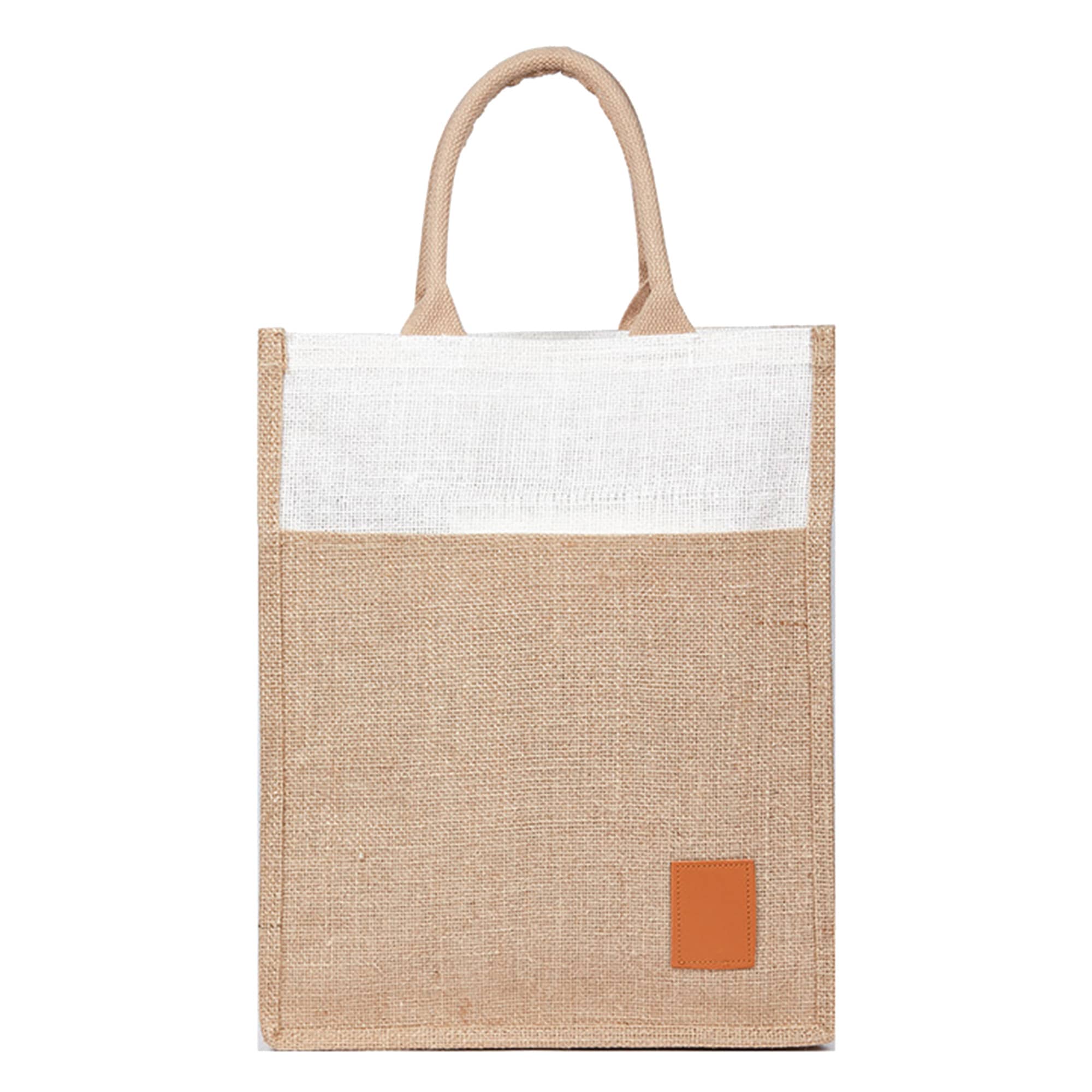 A tan jute bag with a white top section and a leather patch, featuring two handles for easy carrying.