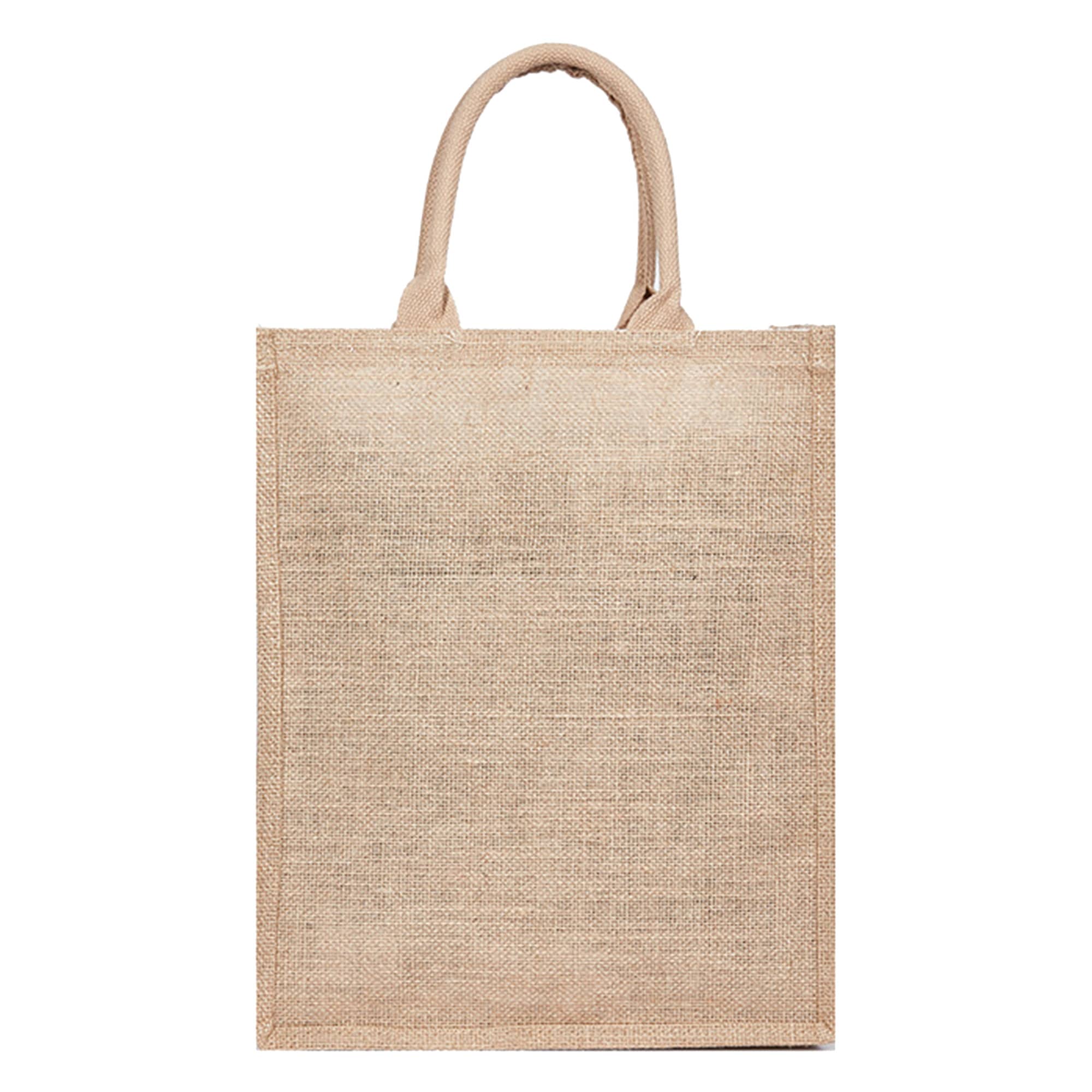 A light brown jute bag with two handles, featuring a plain design and a branding logo.