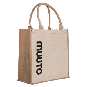 A natural and brown reusable shopping bag with dual handles and a prominent logo.