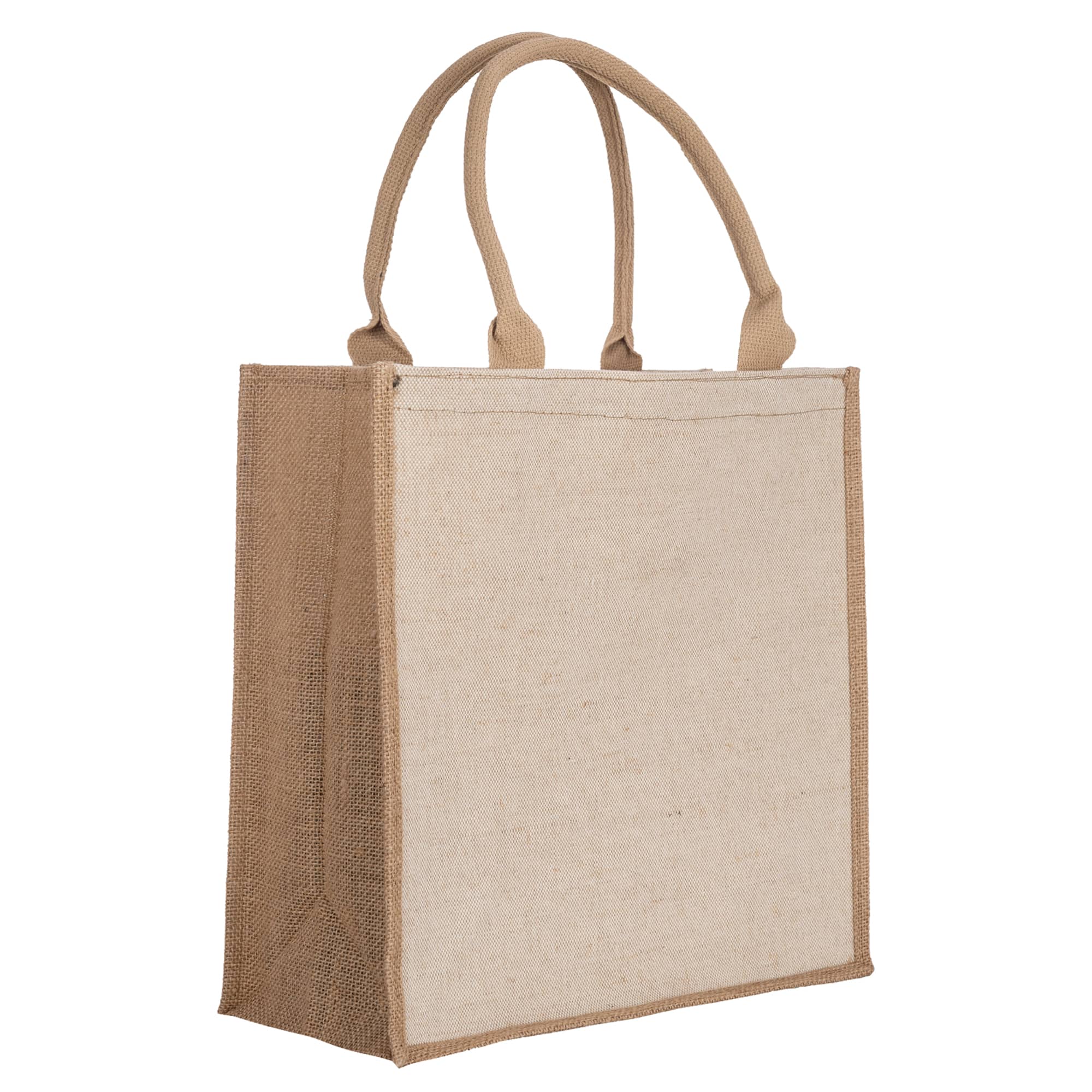 A reusable grocery bag in natural and brown tones, featuring sturdy handles and a simple design.