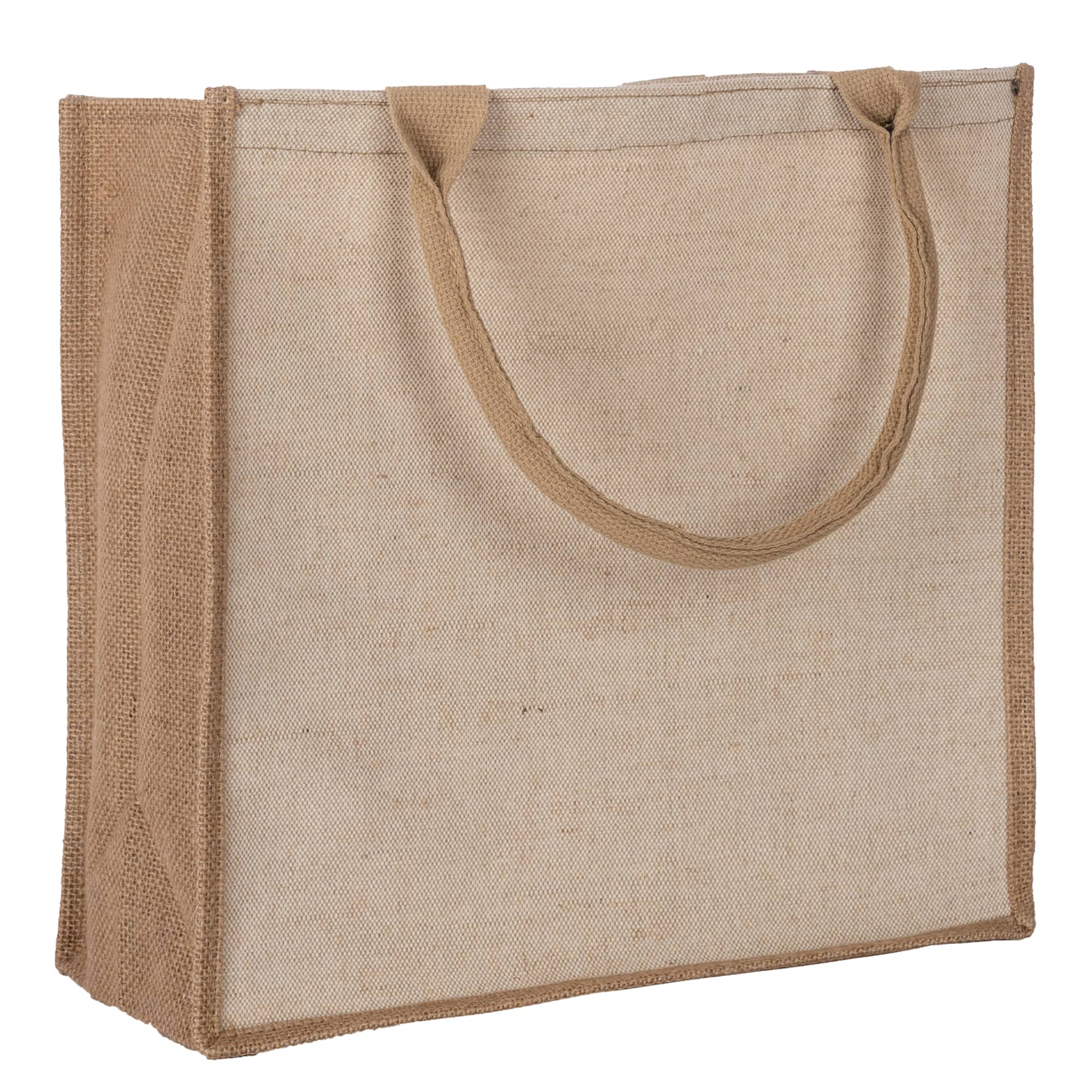 A reusable shopping bag in natural jute with tan handles and a simple design. It features a logo on one side.