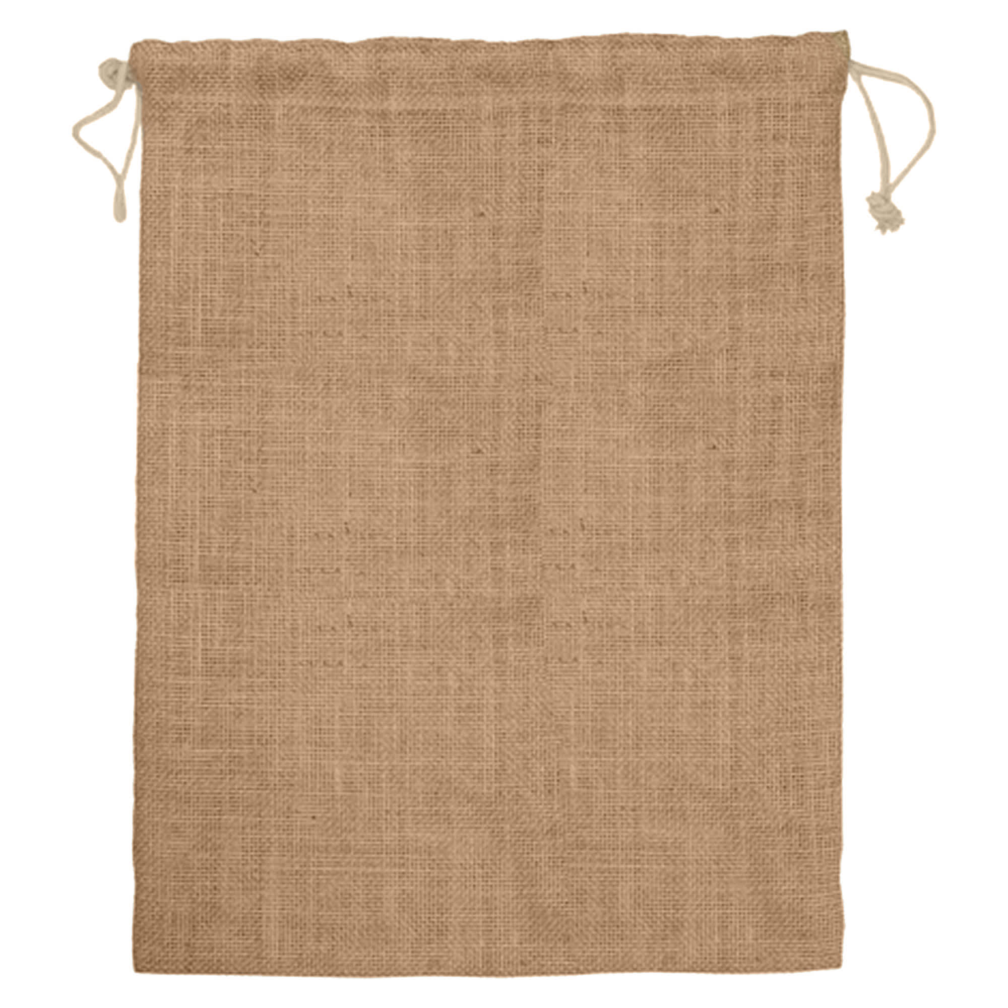 A jute bag in a natural brown colour with a drawstring closure, featuring a simple texture.